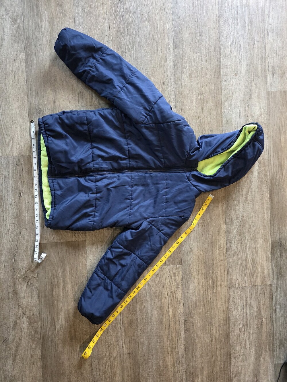 London Fog Boys L 14-16 Puffer Jacket Blue Neon Green Fleece Lined Hooded Coat